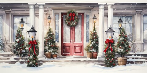 Fototapeta premium AI Generated. AI Generative. Xmas merry christmas new year decoration decor background of house home front door porch with garland and holiday decor. Winter family celebration vibe. Graphic Art