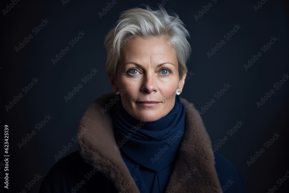 Sticker lifestyle portrait photography of a glad mature woman wearing a cozy winter coat against a navy blue