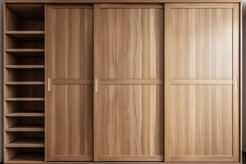 Simple interior of a wooden closet with closed sliding doors and a clipping path. Generative AI