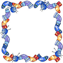 watercolor square frame of winter theme with knitted warm striped and ornamental socks, hand drawn illustration isolated on white background