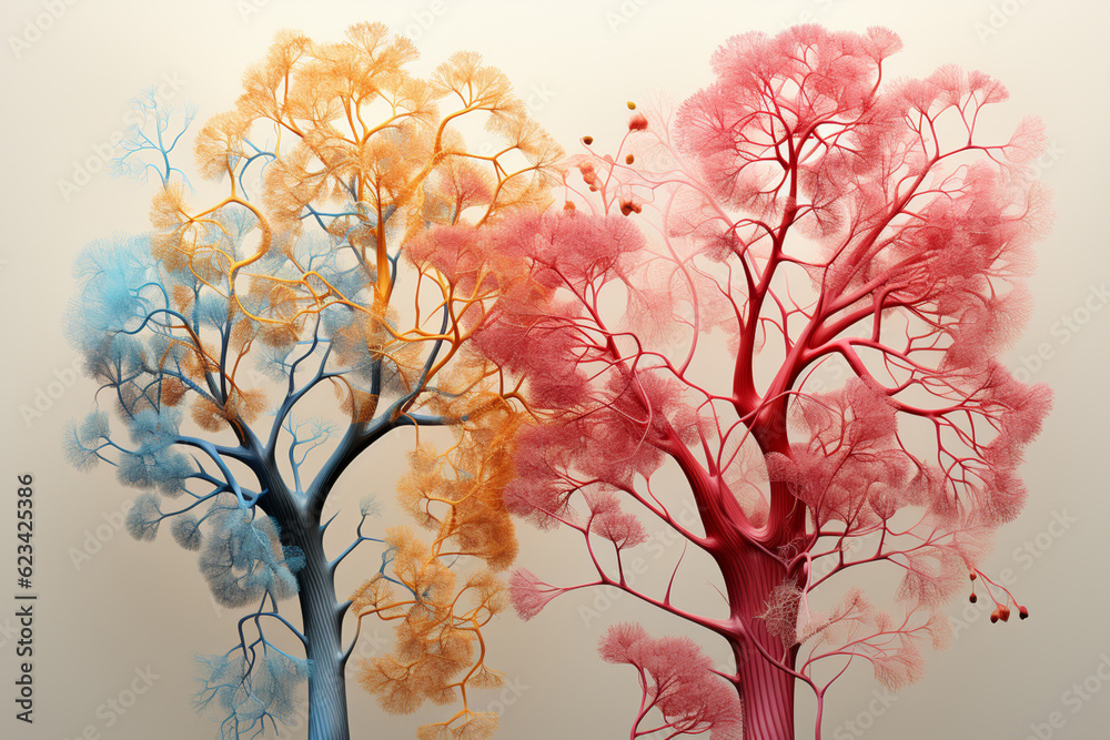 Poster the progressive branching of the bronchial tree, from the trachea to the smallest bronchioles. Generative AI technology.