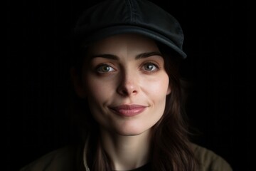 Close-up portrait photography of a glad girl in her 30s wearing a cool cap or hat against a matte black background. With generative AI technology