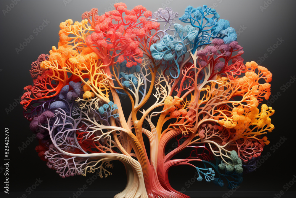 Poster A bronchial tree illustration with color-coded segments, representing the different generations of bronchi.  Generative AI technology.