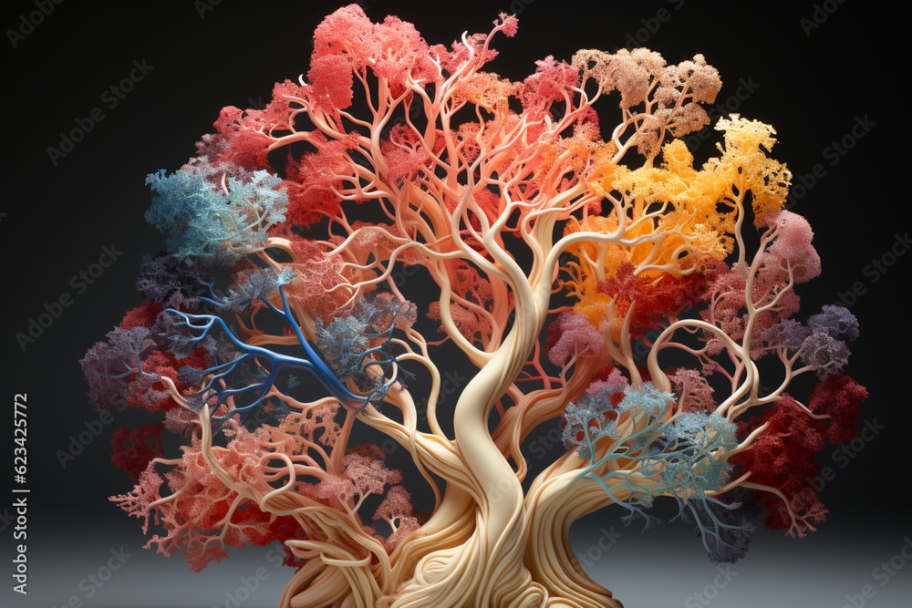 Poster A bronchial tree illustration with color-coded segments, representing the different generations of bronchi.  Generative AI technology.