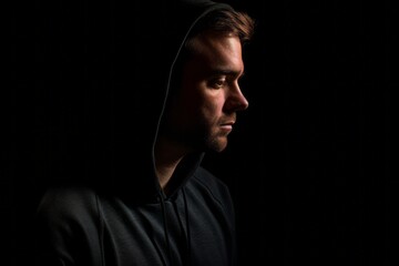 Environmental portrait photography of a glad boy in his 30s wearing a comfortable hoodie against a matte black background. With generative AI technology