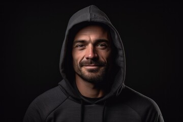 Environmental portrait photography of a glad boy in his 30s wearing a comfortable hoodie against a matte black background. With generative AI technology