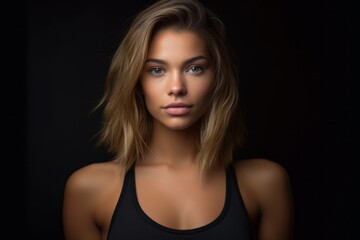 Fototapeta premium Close-up portrait photography of a glad girl in her 20s wearing a sporty tank top against a matte black background. With generative AI technology