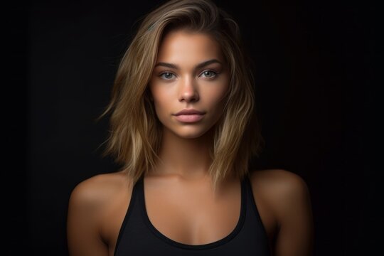 Close-up portrait photography of a glad girl in her 20s wearing a sporty tank top against a matte black background. With generative AI technology