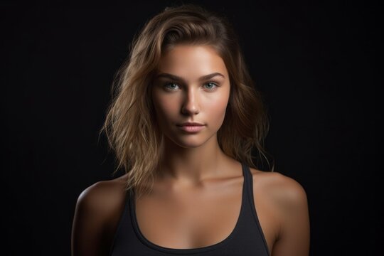 Close-up portrait photography of a glad girl in her 20s wearing a sporty tank top against a matte black background. With generative AI technology