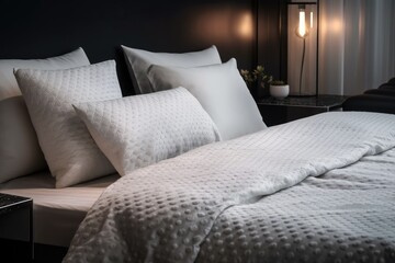 White pillows and cushions that are part of a modern bedroom's fashionable combination of trendy room design. Generative AI