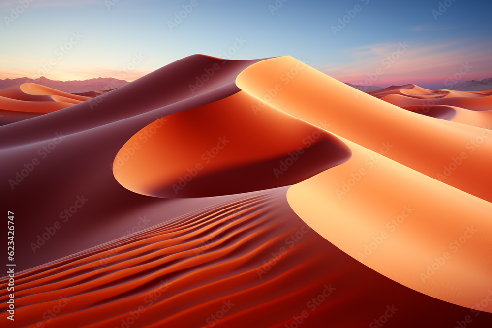 Poster dunes stretching into the distance, their ridges casting long shadows in the soft evening light. gen