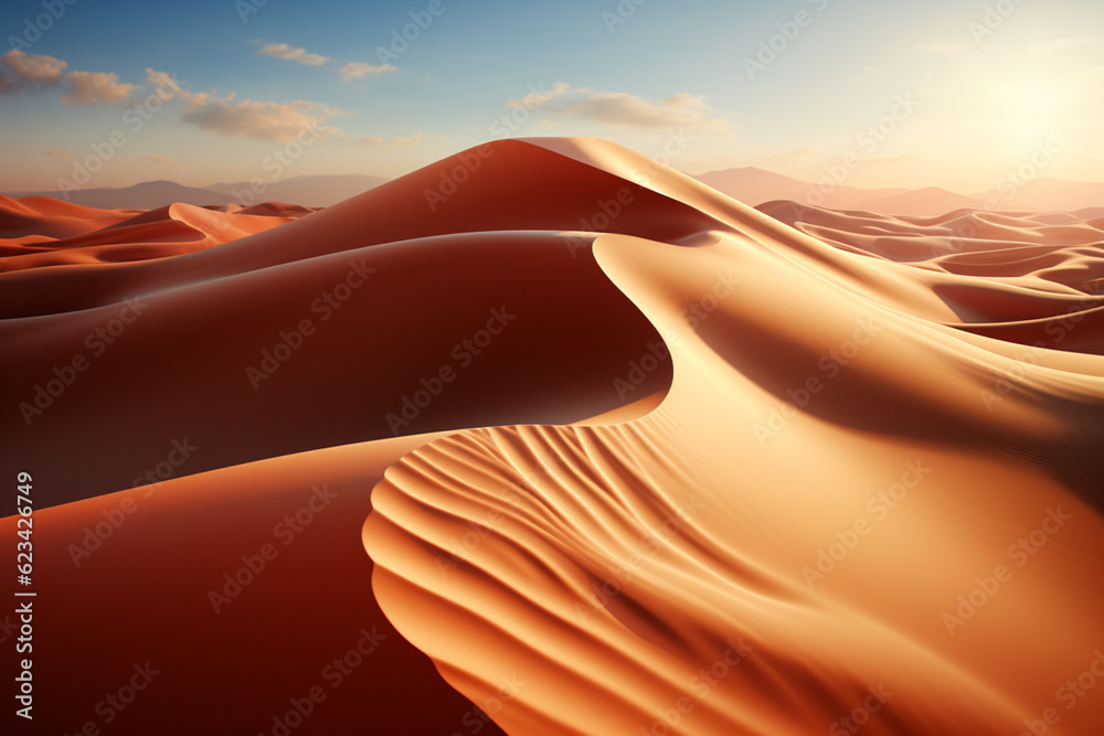 Poster dunes stretching into the distance, their ridges casting long shadows in the soft evening light. gen