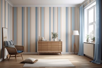 Fototapeta na wymiar Wooden living room with frame mock up, contemporary toilet, chest of drawers, blue and beige striped wallpaper, window, and parquet. background in interior design, Scandinavian design. Generative AI