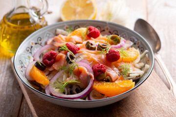 fesh salad with salmon fennel raspberry and orange
