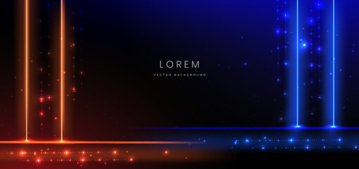Obraz premium Abstract technology futuristic glowing neon blue and orange light ray on dark blue background with lighting effect.