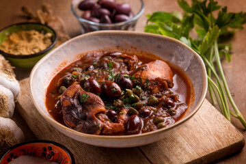stewed polyps with tomato sauce black olives capers and parsley