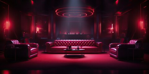 AI Generated. AI Generative. Red indoor interior night club vip luxury design decoration. Part drink bar restaurant night club night lifestyle.Graphic Art