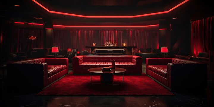 AI Generated. AI Generative. Red indoor interior night club vip luxury design decoration. Part drink bar restaurant night club night lifestyle.Graphic Art