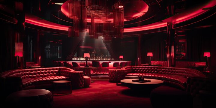 AI Generated. AI Generative. Red indoor interior night club vip luxury design decoration. Part drink bar restaurant night club night lifestyle.Graphic Art - Powered by Adobe