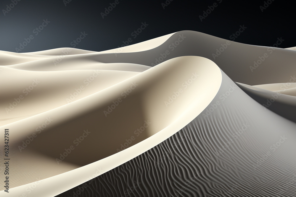Poster sand dunes, emphasizing the contrast between light and shadow, and the undulating forms of the desert.  Generative AI technology.