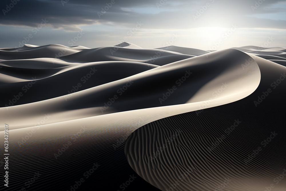Aufkleber sand dunes, emphasizing the contrast between light and shadow, and the undulating forms of the desert.  Generative AI technology.