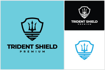 Luxury Trident with Shield King Poseidon Icon Symbol Logo Vector Design - obrazy, fototapety, plakaty