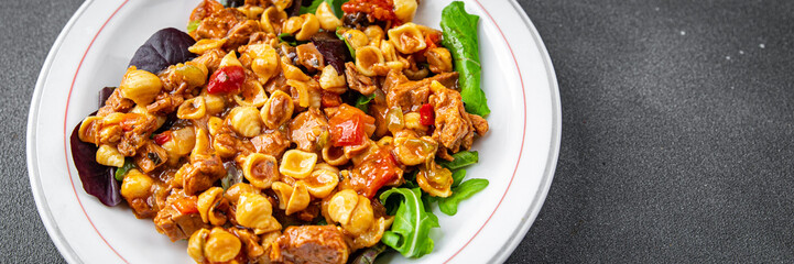 pasta salad tuna and vegetable food healthy meal food vegetables snack on the table copy space food background rustic top view keto or paleo diet pescatarian diet