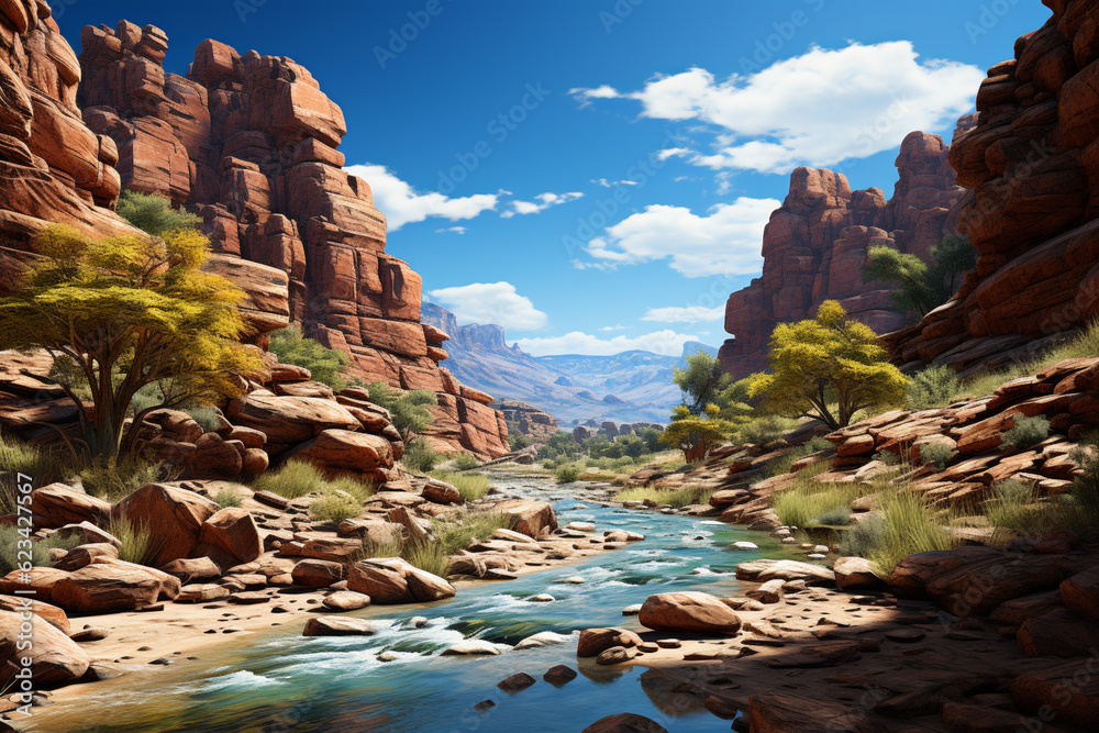 Poster a desert canyon, with towering rock formations carved by centuries of erosion, creating a dramatic a