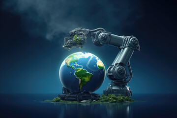 Fototapeta premium Welding robotic arms holding the earth ball. Creative concept of technological progress, development of technology global Isolated on blue background, copy space. Generative AI 3d render illustration.
