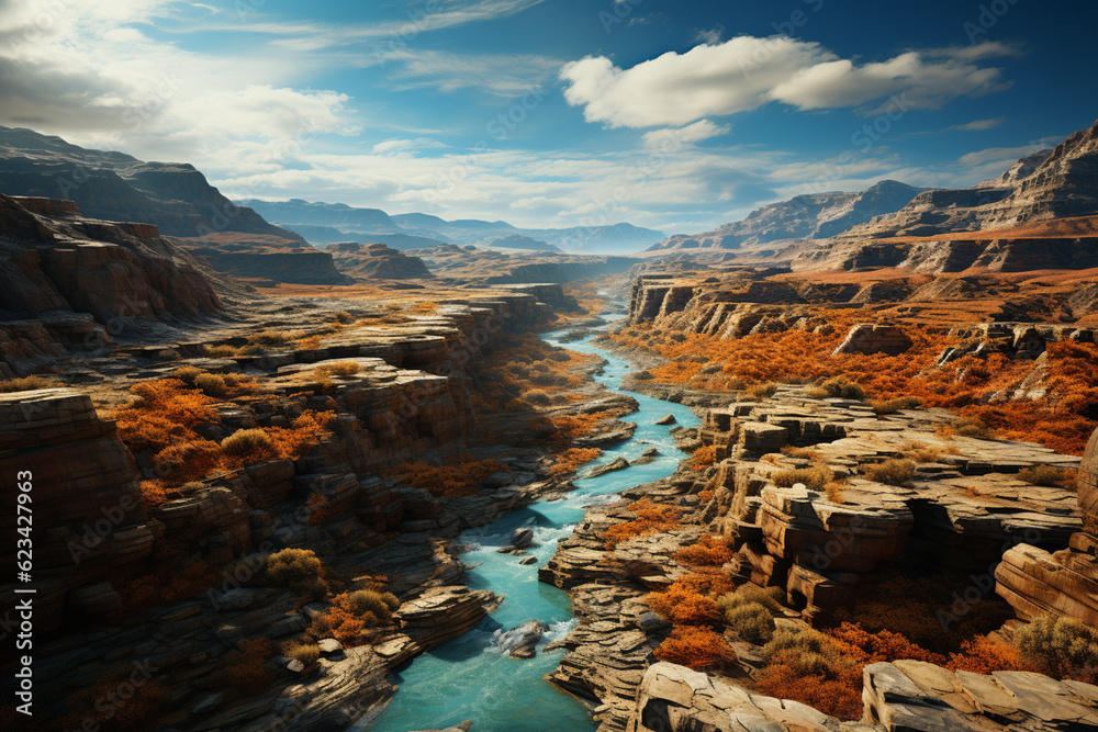 Poster an aerial view of desert valleys and mesas, their intricate geological formations telling the story 