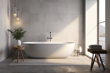 Modern bathroom design, concrete wall and floor, 3D rendering