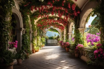 Fototapeta na wymiar Enchanting garden in Anacapri, Capri island, adorned with blooming flowers, graceful columns, and lush greenery.