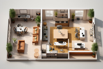 Top view of a visualization of the interior of an office space. 3d layout of a business center floor with open workspace. Generative AI 3d render illustration.