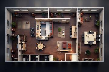 Top view of a visualization of the interior of an office space. 3d layout of a business center floor with open workspace. Generative AI 3d render illustration.