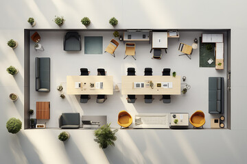 Top view of a visualization of the interior of an office space. 3d layout of a business center floor with open workspace. Generative AI 3d render illustration.