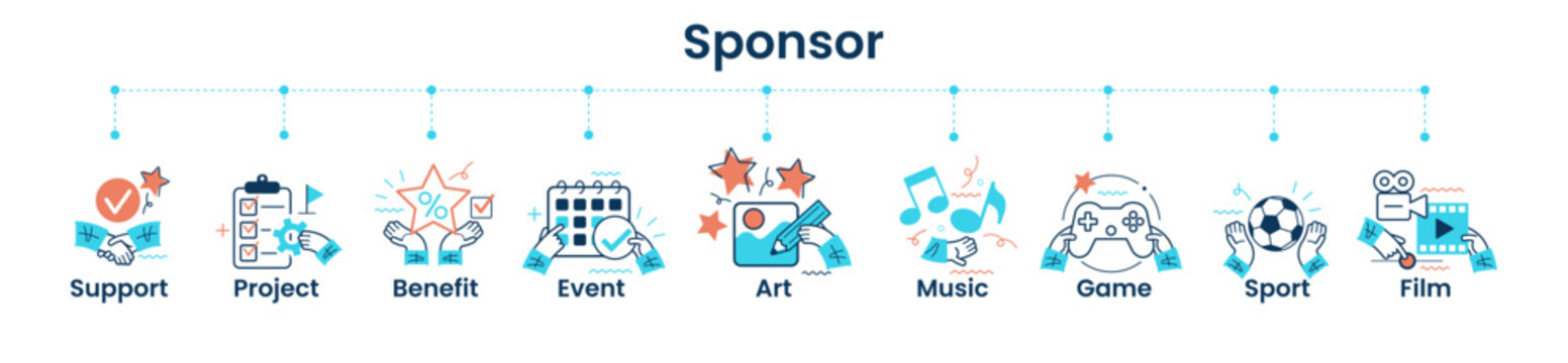 Sponsor banner web. Concept with icon of support, project, benefit, art, event, music, sport, film.