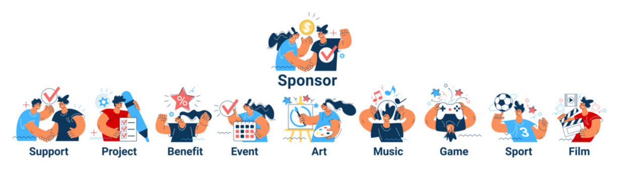 Sponsor banner web. Concept with icon of support, project, benefit, art, event, music, sport, film.