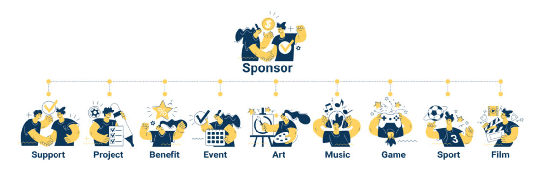 Sponsor banner web. Concept with icon of support, project, benefit, art, event, music, sport, film.