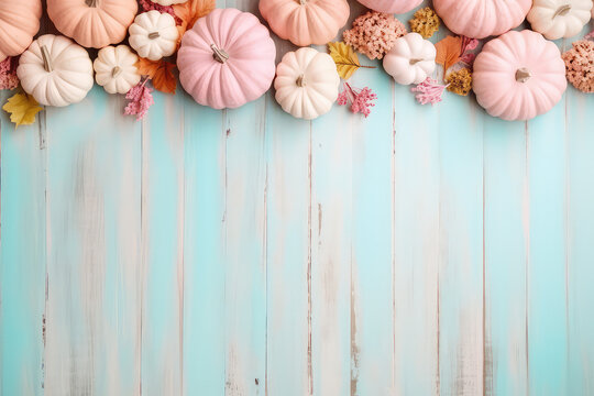 Top view of vintage wooden boardwalk and colorful pumpkins. Banner template with copy space in light pastel pink pastel blue colors. Generative AI photo.