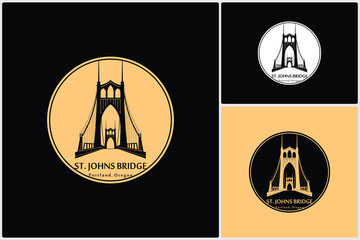 Silhouette of St. Johns Suspension Bridge Portland Oregon Building Landmark Stamp Logo Icon Vector Design