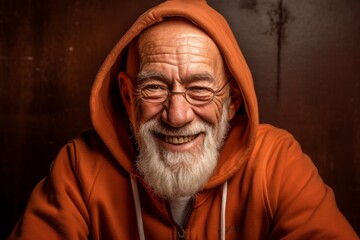 Close-up portrait photography of a satisfied old man wearing a stylish hoodie against a rustic brown background. With generative AI technology