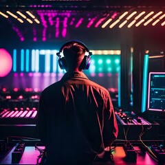 Fototapeta premium Image of a DJ performing in a club with neon lights. (AI-generated fictional illustration) 