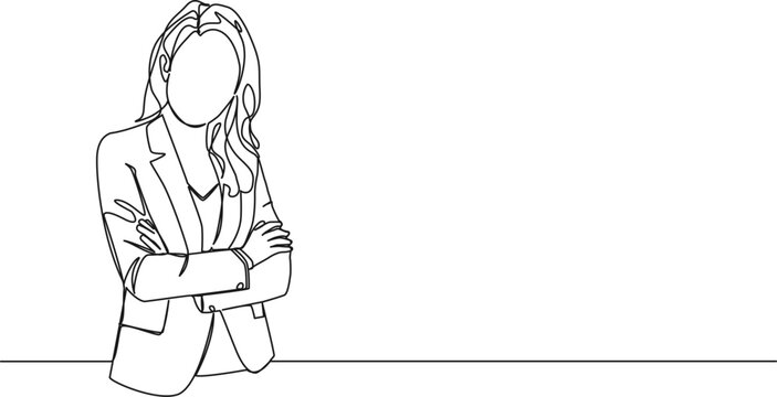 Continuous Single Line Drawing Of Business Woman With Her Arms Crossed, Line Art Vector Illustration