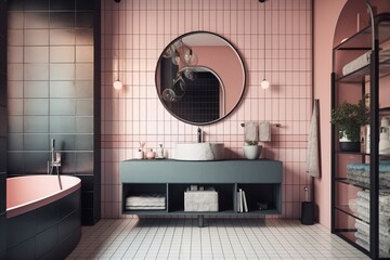 Round sink with spacious toiletries cabinets behind it in a pink and black tiled bathroom. mock up toned double exposed image. Generative AI