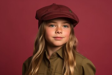 Environmental portrait photography of a tender kid female wearing a cool cap or hat against a rich maroon background. With generative AI technology