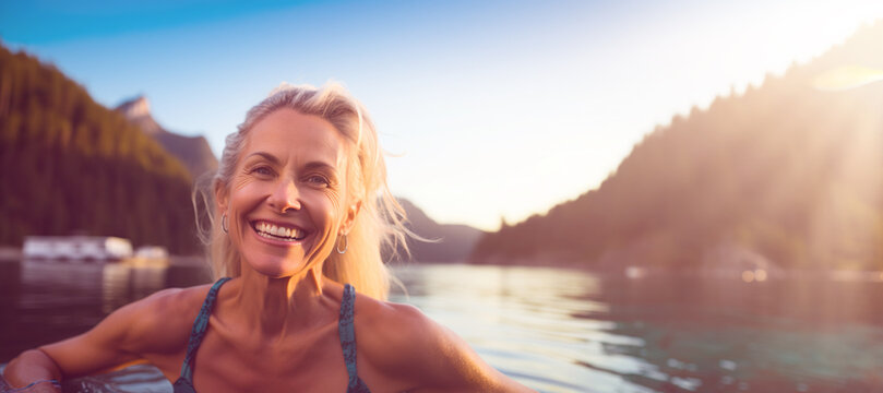 AI generated image of mature happy woman swim in the lake