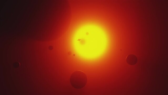 Space travel video. Flying toward a distant sun. Dark planets. Yellow and red colors. Astronomy, sci-fi background theme. Alien planetary system. 