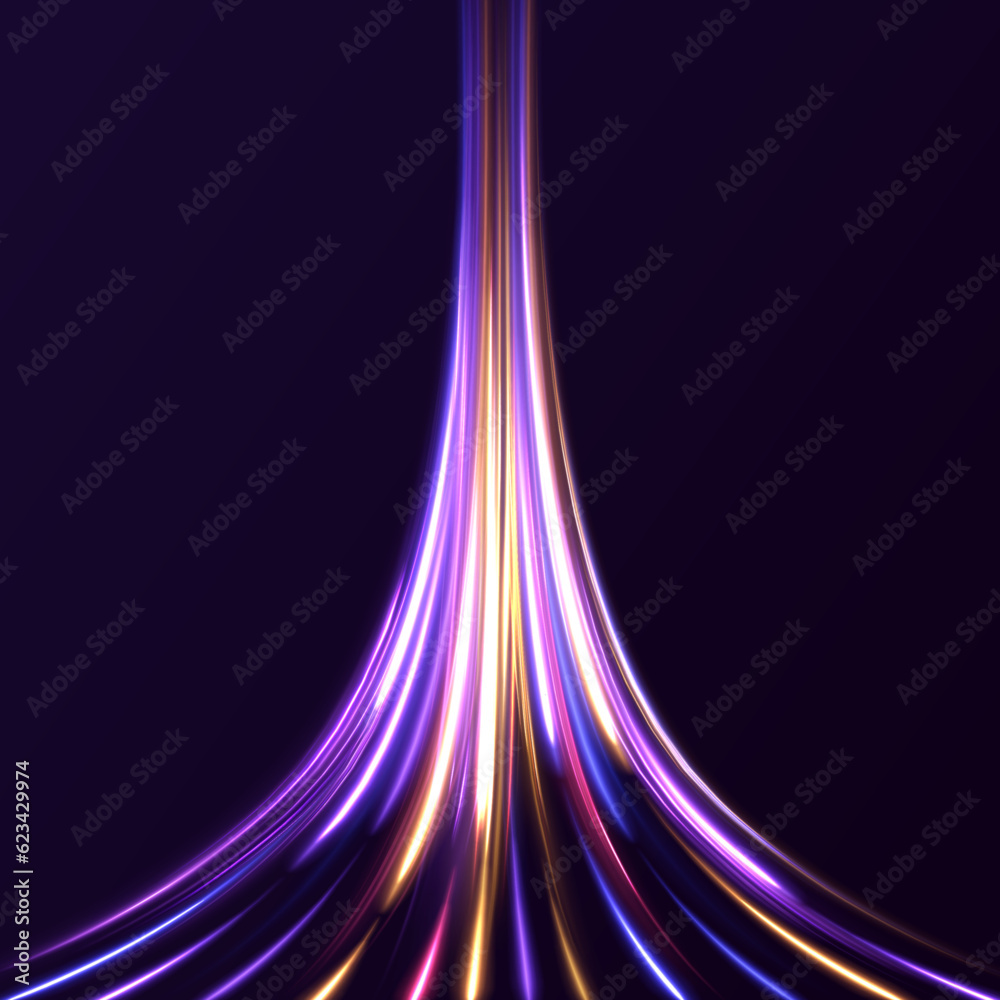 Aufkleber Neon color glowing lines background, high-speed light trails effect. Modern abstract high-speed light motion effect on black background. Light motion effect, slow shutter of traffic.