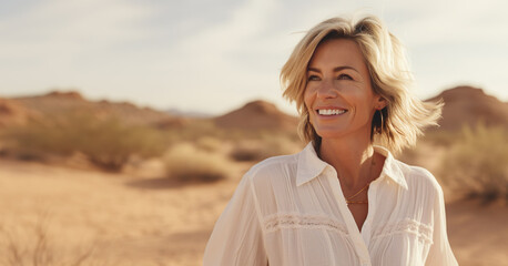 AI generated image of happy mature senior woman on beach or desert