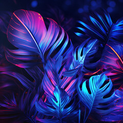 Palms, and Monsteras Exotic Leaves with a Neon Glow Tropical Summer Background.   - obrazy, fototapety, plakaty